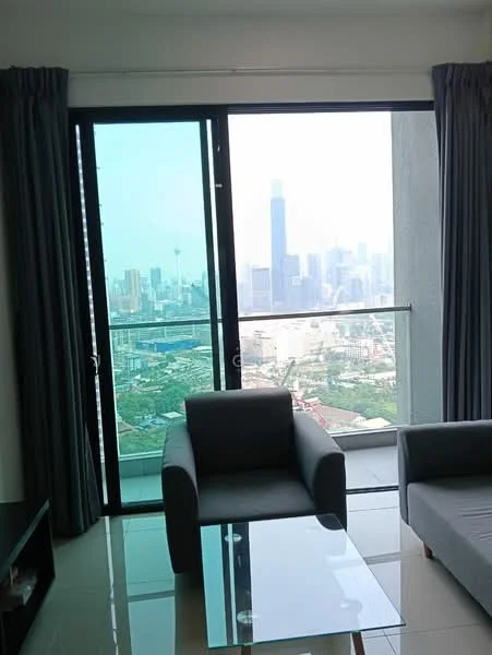 Living features: floor-to-ceiling windows, sliding glass door, grey curtains, 2-seater fabric sofa in grey, glass coffee table, TV console, marble tile flooring, city view; style: modern; view: city.