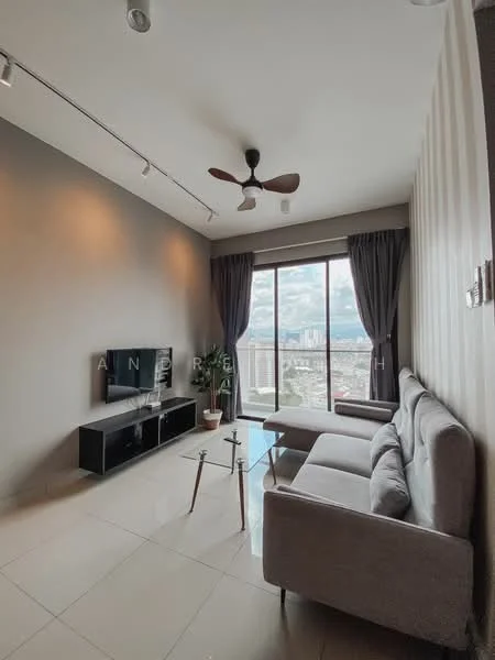 Living features: 3-seater fabric sofa in grey, coffee table, TV console, wall-mounted TV, floor-to-ceiling windows, sheer curtains, 5-blade ceiling fan, light grey painted walls, tile flooring, decorative plant in pot; style: modern; view: city.