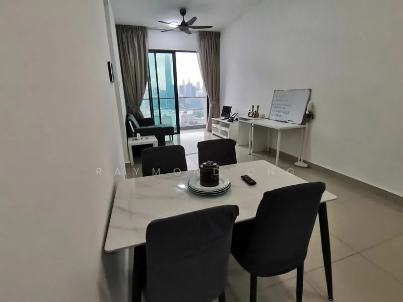 Dining features: marble dining table, 4 upholstered dining chairs, floor-to-ceiling windows, city view, light grey tiled flooring, ceiling fan, decorative wall clock, whiteboard on easel, black sofa, curtains, TV console, study desk; style: modern; view: city.