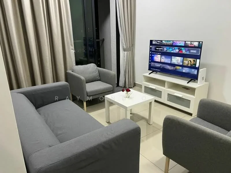 Living features: 3-seater fabric sofa in grey, 2-seater fabric sofa in grey, white coffee table, TV console in white, wall-mounted TV, floor-to-ceiling windows, curtains in light grey, ceramic tile flooring, decorative flower vase on coffee table, wall with white painted finish; style: modern; view: city.