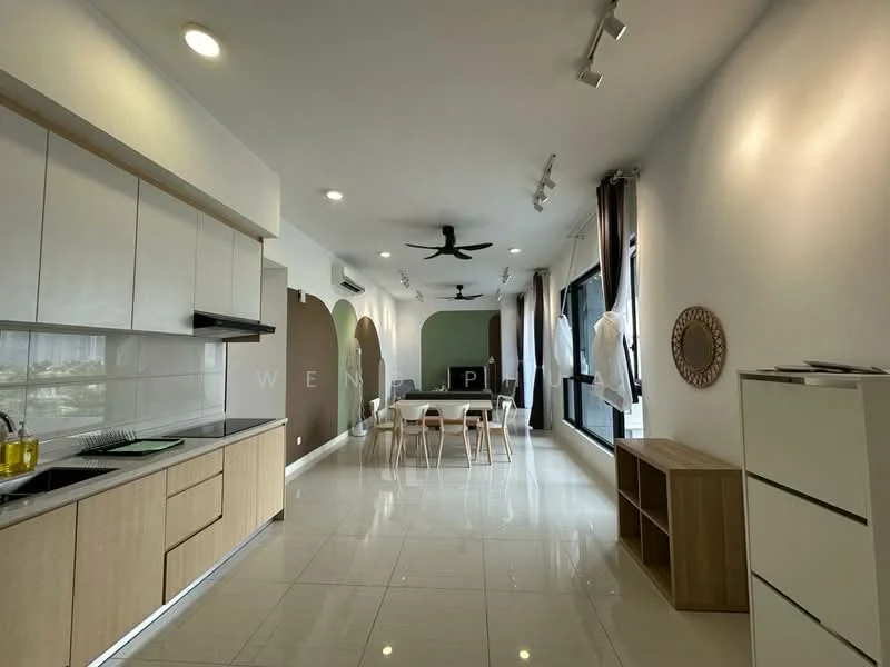 Kitchen features: white cabinetry, black countertop, stainless-steel sink, chrome pull-down faucet, built-in oven, 4-burner gas hob, recessed downlights, tile flooring; style: modern; view: city. Dining features: 6-seater dining table, transparent dining chairs, pendant lighting, large windows, curtains, decorative mirror; style: modern; view: city.