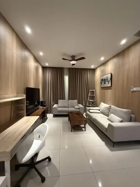 Living features: light wood panelled walls, white painted ceiling, recessed LED downlights, 5-blade ceiling fan with light, large window with sheer curtains, white fabric 3-seater sofa, white fabric 2-seater sofa, wooden coffee table, wooden side table, TV console, wall-mounted TV, study desk with chair; style: modern.