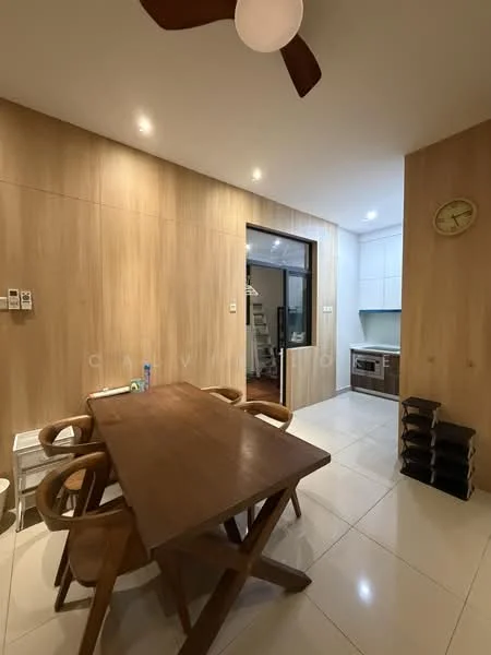 Dining features: wooden dining table, 4 wooden chairs, cream tiled flooring, wood panelled walls, recessed downlights, ceiling fan, wall clock, open doorway to kitchen; style: modern. Kitchen features: white cabinetry, built-in oven, stainless-steel sink, countertop, kitchen island, open layout to dining area; style: modern.