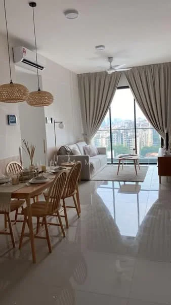 Living features: floor-to-ceiling windows, city view, 3-seater fabric sofa in light grey, 2 pendant lamps, dining table for 4 with wooden chairs, recessed downlights, white painted walls, polished ceramic tile flooring, ceiling fan, curtains, decorative vase on dining table; style: modern; view: city.