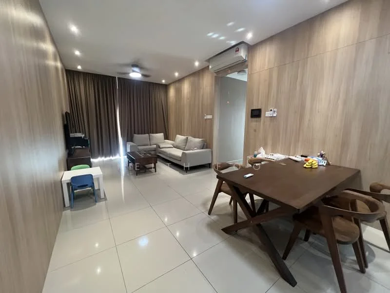 Living features: light grey fabric sofa, wood coffee table, dining table with wooden legs, 4 wooden dining chairs, white tiled flooring, wood panel accent wall, recessed downlights, ceiling fan, floor-to-ceiling curtains, wall-mounted air conditioning unit; style: modern.