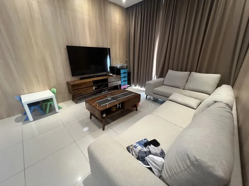 Living features: light grey fabric sectional sofa, 2-seater fabric sofa in light grey, wooden coffee table, TV console, wall-mounted TV, white side table, cream tiled flooring, wood panel accent wall, floor-to-ceiling curtains in beige, decorative items on TV console; style: modern.