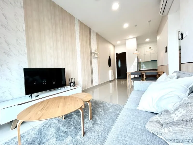Living features: light grey fabric sofa, wooden coffee table, area rug with geometric pattern, wall-mounted TV, white TV console, wood panel accent wall, recessed downlights, dining table with chairs, glass partition, air conditioning unit; style: modern.