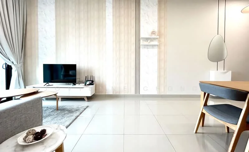 Living features: grey fabric sofa, wooden coffee table, TV console with white finish, flat-screen TV, light grey area rug, dining table with wooden legs, 4 dining chairs, floor-to-ceiling windows, curtains in light grey, decorative wall shelf, marble accent wall, white tiled flooring, modern pendant light; style: modern.