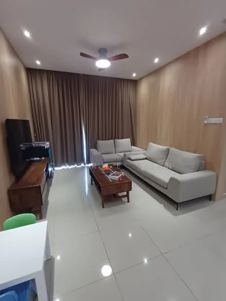 Living features: 3-seater fabric sofa in light grey, 2-seater fabric sofa in light grey, wooden coffee table, wall-mounted TV, TV console, ceiling fan with light, recessed downlights, cream painted walls, glossy ceramic tile flooring, floor-to-ceiling curtains, wood panel accent wall; style: modern.