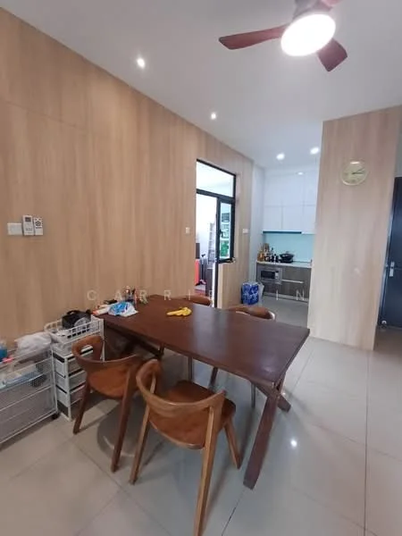 Dining features: wooden dining table, 4 wooden dining chairs, cream tiled flooring, light wood panelled walls, recessed downlights, ceiling fan with 3 blades, open layout to kitchen, wall-mounted clock; style: modern. Kitchen features: white cabinetry, blue backsplash, stainless-steel sink, built-in appliances, countertop space; style: modern.