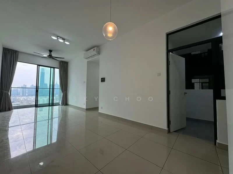 Living features: floor-to-ceiling windows, grey tiled flooring, 5-blade ceiling fan with light, recessed downlights, curtains, open layout, city skyline view, air conditioning unit; style: modern; view: city. Room features: white painted walls, doorway leading to another room.