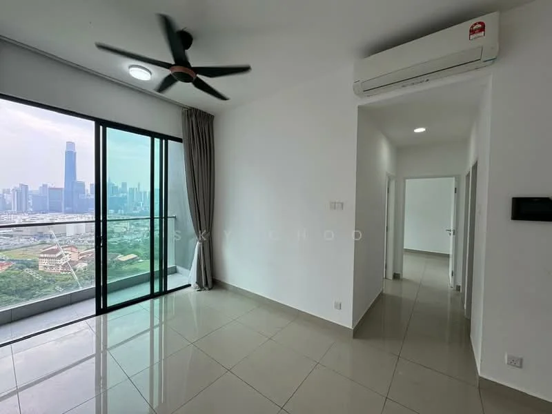 Living features: floor-to-ceiling windows, sliding glass door, 5-blade ceiling fan with light, wall-mounted split AC, grey tiled flooring, white painted walls, curtains, city view; style: modern; view: city. Room features: white painted walls, grey tiled flooring, doorway leading to hallway.