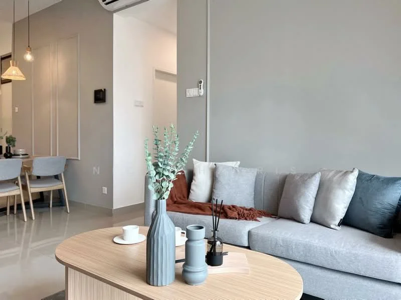 Living features: grey painted walls, polished tile flooring, 3-seater fabric sofa in light grey, decorative cushions in various colors, wooden coffee table, vase with greenery, decorative sticks in a vase, pendant light fixture, wall-mounted air conditioning unit, open layout to dining area; style: modern.