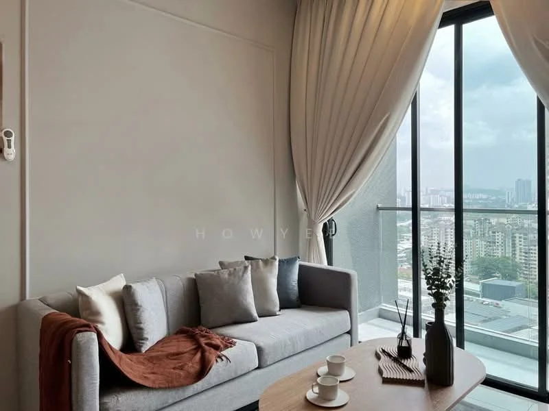 Living features: grey fabric sofa, decorative cushions in various colors, wooden coffee table, floor-to-ceiling windows, sheer curtains, city view, decorative plant in ceramic pot, throw blanket in rust color; style: modern; view: city.