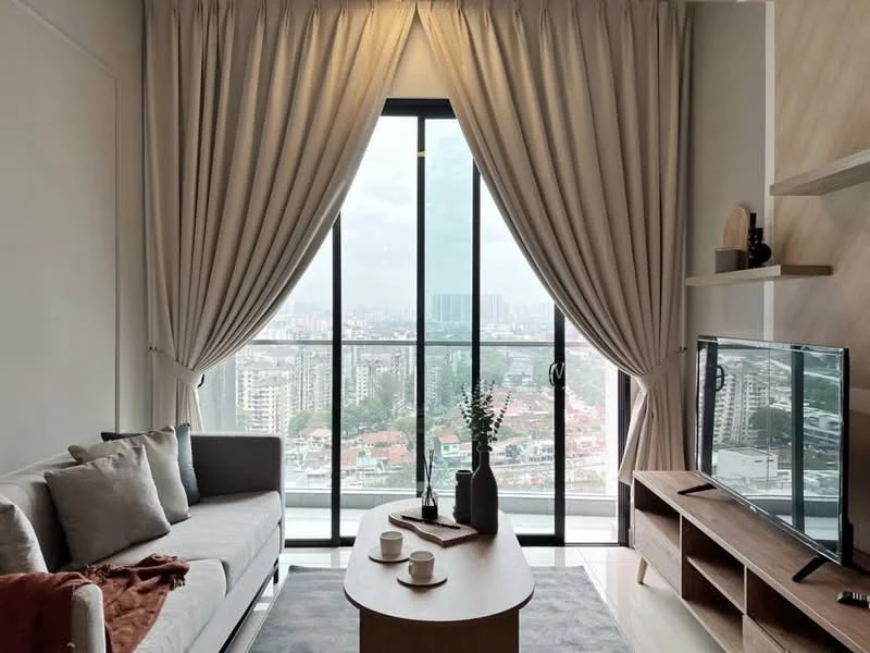Living features: floor-to-ceiling windows, sheer curtains, 3-seater fabric sofa in light grey, decorative throw pillows, wooden coffee table, TV console, wall-mounted TV, decorative vase with greenery, wooden shelving unit, light-colored wall, laminate flooring, city view; style: modern; view: city.