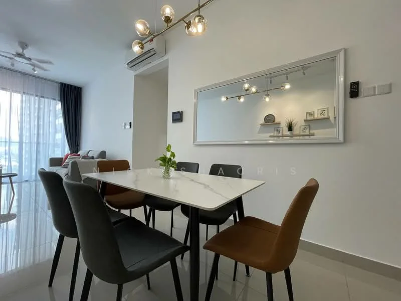 Dining features: 6-seater dining table with white tabletop, black and brown upholstered dining chairs, pendant light fixture with multiple bulbs, mirror on wall, floor-to-ceiling windows with sheer curtains, grey wall, air conditioning unit on wall, polished tile flooring; style: modern; view: city. Living features: sofa in grey fabric, decorative wall art, shelves with decorative items; style: modern; view: city.