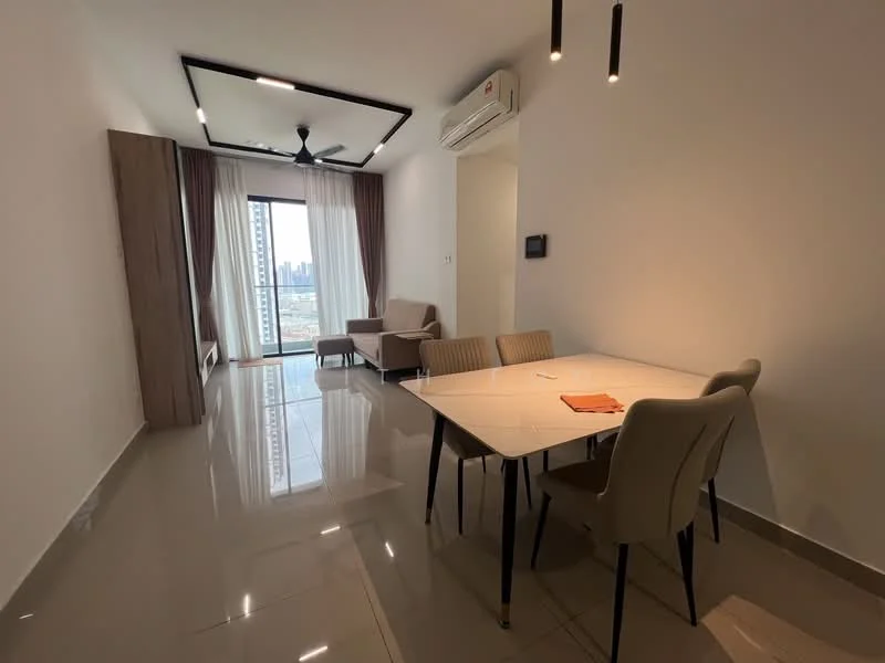 Living features: floor-to-ceiling windows, white painted walls, tray ceiling with recessed lighting, 5-blade ceiling fan, light-coloured sofa, 2 beige upholstered dining chairs, 4-seater dining table, polished ceramic tile flooring, air conditioning unit, curtains, view of city skyline; style: modern; view: city.
