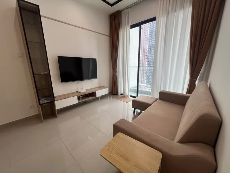 Living features: light brown fabric sofa, wooden side table, wall-mounted flat-screen TV, white TV console with storage, floor-to-ceiling windows, sheer curtains, brown drapes, glossy tile flooring, recessed ceiling lights, neutral painted walls; style: modern; view: city.