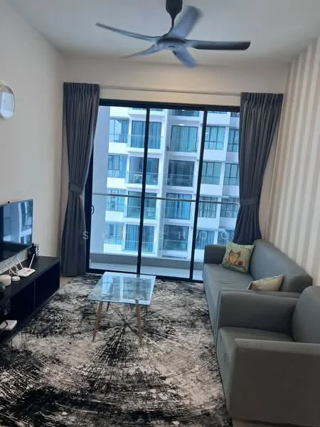 Living features: 3-seater fabric sofa in grey, glass coffee table, area rug with abstract pattern, wall-mounted TV, floor-to-ceiling windows, curtains in dark grey, ceiling fan with light, decorative cushion on sofa; style: modern; view: city.
