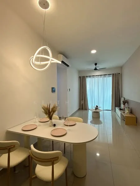 Dining features: round dining table, 4 dining chairs with upholstered seats, pendant light fixture, white walls, glossy tile flooring, floor-to-ceiling windows, sheer curtains, ceiling fan, decorative vase on table, TV console, wall-mounted TV; style: modern.