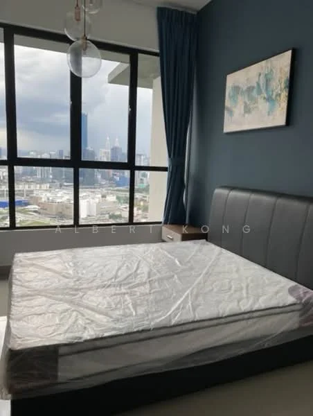 Bedroom features: king-size bed, upholstered headboard, floor-to-ceiling windows, blue accent wall, curtains, city skyline view, laminate flooring, decorative artwork; style: modern; view: city.