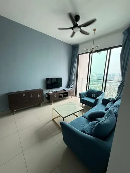 Living features: blue fabric sofa, glass coffee table, wall-mounted TV, TV console in dark wood, floor-to-ceiling windows, curtains in light blue, ceiling fan with light, light grey walls, tile flooring; style: modern; view: city.