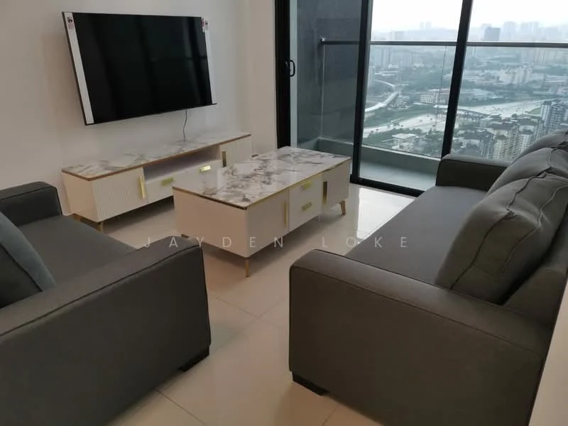 Living features: grey fabric 3-seater sofa, grey fabric 2-seater sofa, marble-top coffee table, wall-mounted flat-screen TV, white TV console with gold handles, large floor-to-ceiling window, city skyline view, white tiled flooring; style: modern; view: city.