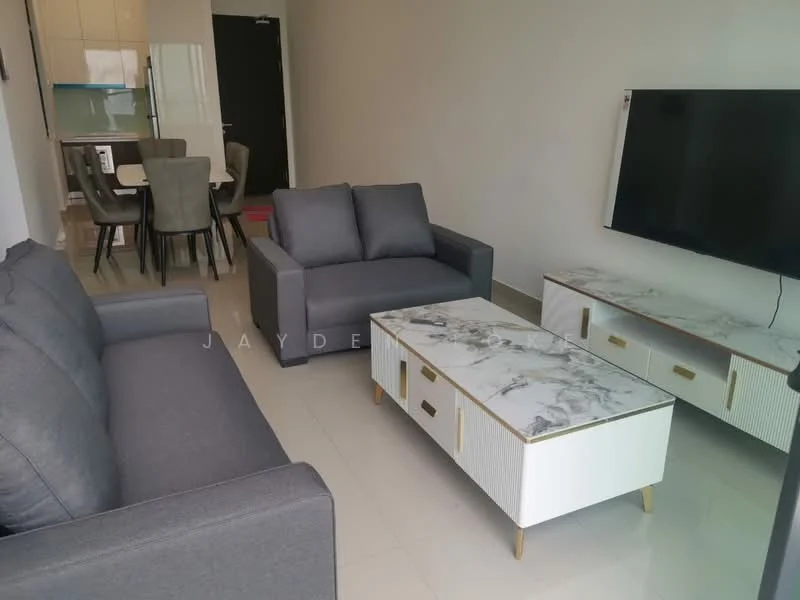 Living features: 2-seater fabric sofa in grey, 3-seater fabric sofa in grey, marble-top coffee table with gold accents, TV console with white finish and gold handles, wall-mounted TV, light-colored tiled flooring, neutral painted walls, recessed lighting; style: modern.