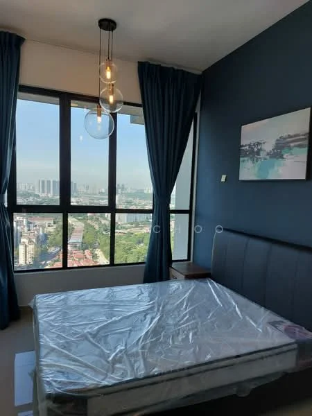 Bedroom features: king-size bed, upholstered headboard, floor-to-ceiling windows, blue painted walls, curtains in dark blue, pendant light fixture, nightstand, city view; style: modern; view: city.
