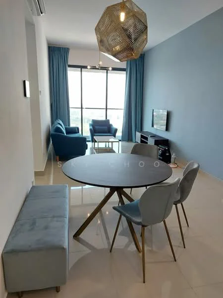 Living features: floor-to-ceiling windows, blue curtains, geometric pendant light, wall-mounted TV, TV console, 3-seater fabric sofa in blue, 2 armchairs in blue, round dining table, 4 upholstered dining chairs in light blue, polished tile flooring, light grey accent wall, decorative wall art; style: modern; view: city.