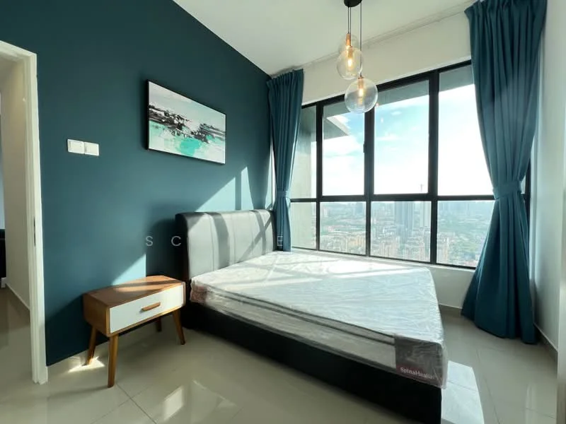 Bedroom features: king-size bed, upholstered headboard, floor-to-ceiling windows, blue accent wall, white painted walls, curtains in teal, nightstand with drawer, polished tile flooring, hanging pendant light; style: modern; view: city.