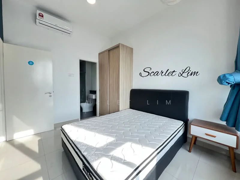 Bedroom features: queen-size bed, upholstered headboard, built-in wardrobe with sliding doors, white painted walls, grey accent wall, window with blue curtains, tile flooring, 1 wall-mounted split AC, decorative wall text, nightstand with drawer; style: modern.