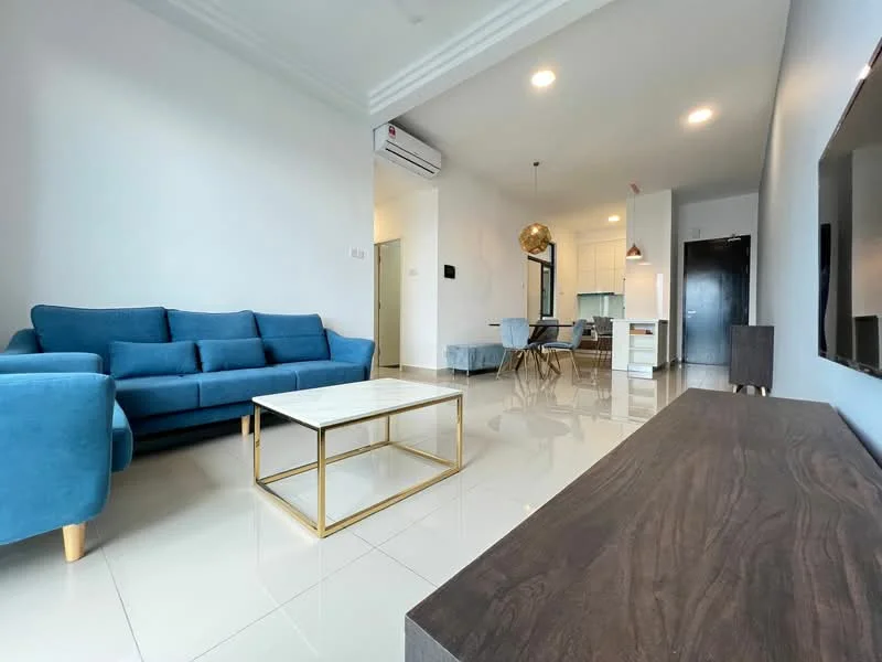 Living features: blue fabric 3-seater sofa, white marble coffee table with gold frame, wooden TV console, wall-mounted TV, recessed ceiling lights, air conditioning unit, glossy ceramic tile flooring, decorative pendant light, open layout to dining area; style: modern.