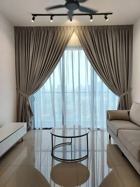 Living features: floor-to-ceiling windows, sheer curtains, heavy drapes, 3-blade ceiling fan, recessed LED downlights, light-coloured fabric sofa, glass coffee table, glossy tile flooring, white TV console, neutral wall colour; style: modern; view: city.