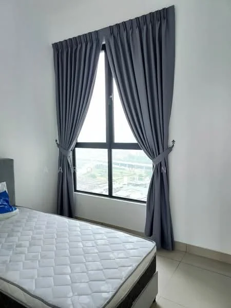 Bedroom features: floor-to-ceiling window, grey curtains, unmade bed with mattress, white walls, tile flooring, city view; style: modern; view: city.