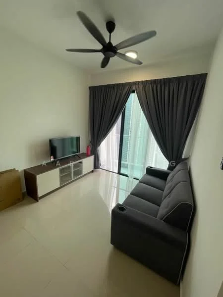 Living features: 3-seater fabric sofa in grey, coffee table, wall-mounted TV, TV console, floor-to-ceiling windows, sliding glass door, curtains in dark grey, ceiling fan with light, glossy tile flooring, white painted walls; style: modern; view: city.