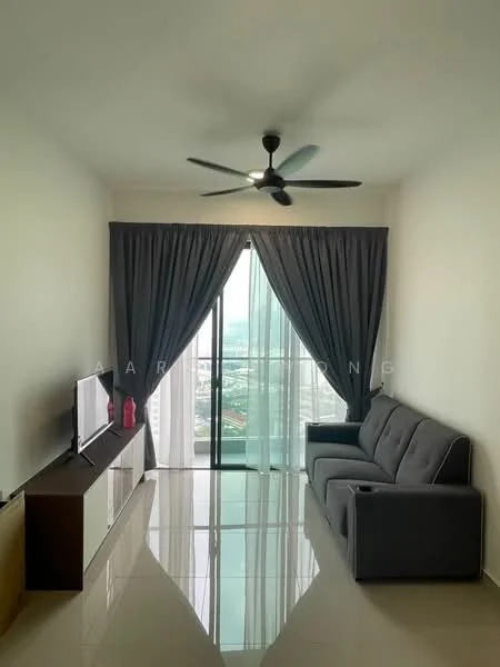 Living features: 3-seater fabric sofa in grey, wall-mounted TV, TV console, floor-to-ceiling windows, sheer curtains, blackout curtains, 5-blade ceiling fan with light, glossy tile flooring, decorative wall, city view; style: modern; view: city.