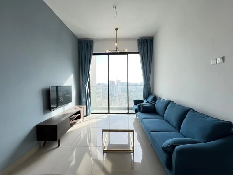 Living features: blue fabric sofa, 3-seater sofa, coffee table with gold frame, wall-mounted TV, TV console in dark wood, floor-to-ceiling windows, sheer curtains, city view, polished ceramic tile flooring, chandelier with multiple bulbs, light blue painted walls; style: modern; view: city.