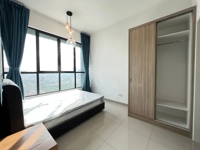 Bedroom features: floor-to-ceiling windows, blue curtains, queen-size bed base, wooden bedside table, built-in wardrobe with sliding doors, polished ceramic tile flooring, hanging pendant light, white painted walls; style: modern; view: city.