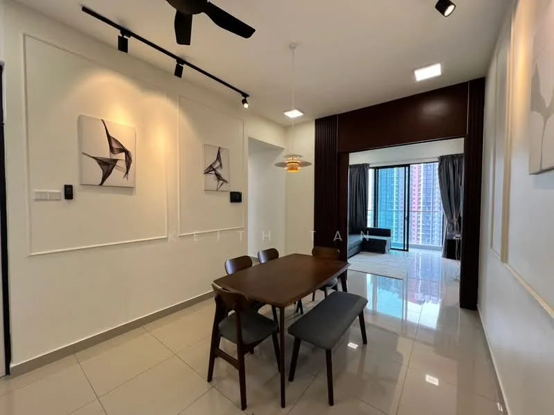 Dining features: dining table with 4 chairs, pendant light fixture, white painted walls, grey tile flooring, ceiling fan, framed artwork on walls, sliding glass door leading to balcony, window with city view, recessed lighting; style: modern; view: city. Living features: sofa, area rug, coffee table, floor-to-ceiling windows, curtains, wall-mounted TV; style: modern; view: city.