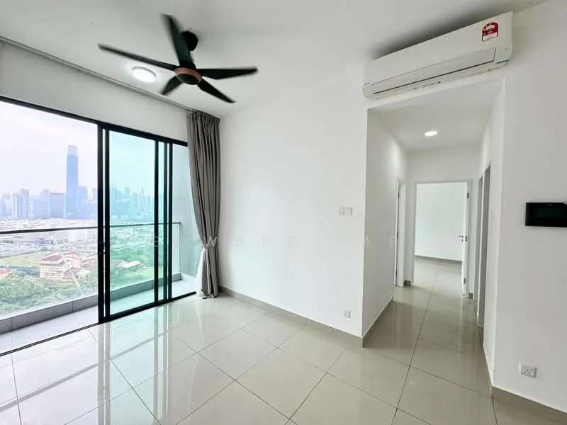 Living features: floor-to-ceiling windows, sliding glass door, 5-blade ceiling fan with light, recessed downlights, white painted walls, grey tiled flooring, curtains, city skyline view; style: modern; view: city. Hallway features: white painted walls, grey tiled flooring, doorway leading to other rooms; style: modern.