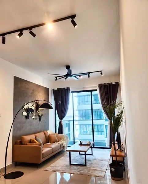 Living features: 3-seater fabric sofa in beige, floor-to-ceiling windows, grey accent wall, recessed LED downlights, 5-blade ceiling fan, curtains in dark purple, wooden coffee table, area rug with geometric pattern, decorative floor lamp, indoor plant in pot, polished tile flooring; style: modern; view: city.