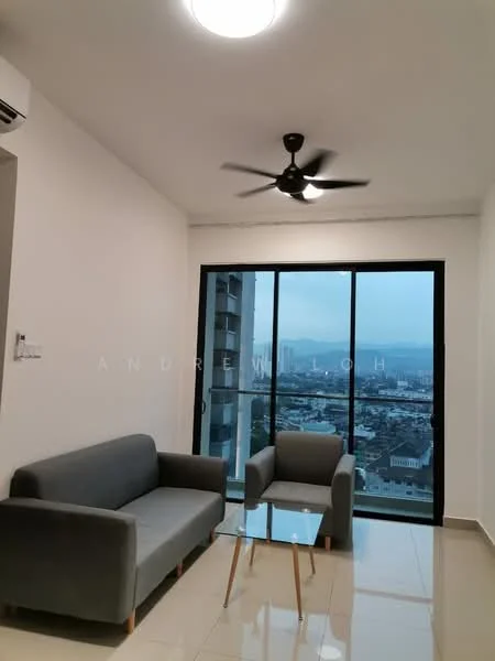 Living features: grey fabric 3-seater sofa, 2 grey armchairs, glass coffee table, floor-to-ceiling windows, city view, white painted walls, polished ceramic tile flooring, 5-blade ceiling fan with light, wall-mounted split AC; style: modern; view: city.