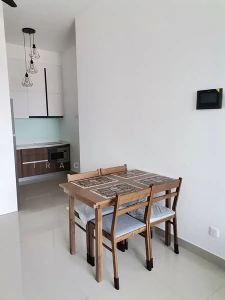 Dining features: wooden dining table, 4 dining chairs, grey cushions on chairs, pendant lighting with exposed bulbs, white walls, glossy tile flooring, kitchen cabinetry visible in background, light green backsplash; style: modern.