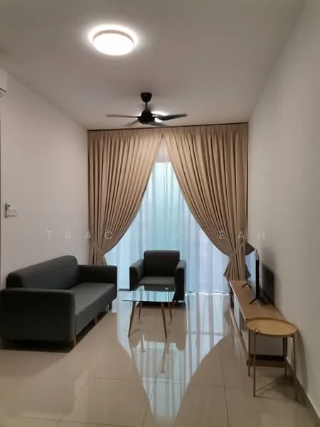 Living features: 3-seater fabric sofa in grey, single armchair in black, wall-mounted TV, wooden TV console, ceiling fan with light, recessed lighting, floor-to-ceiling windows, sheer curtains, glossy tile flooring, neutral painted walls; style: modern; view: garden.