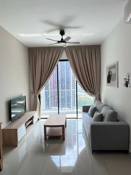 Living features: 3-seater fabric sofa in grey, wooden coffee table, TV console, wall-mounted TV, floor-to-ceiling windows, sheer curtains, 5-blade ceiling fan with light, glossy tile flooring, decorative wall art; style: modern; view: city.