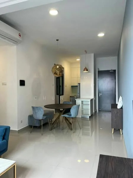Living features: white painted walls, light grey accent wall, glossy tile flooring, 5-blade ceiling fan with light, pendant lamp, round dining table, 4 upholstered dining chairs, blue fabric sofa, wooden side table, built-in kitchen cabinetry, refrigerator, open kitchen layout; style: modern.