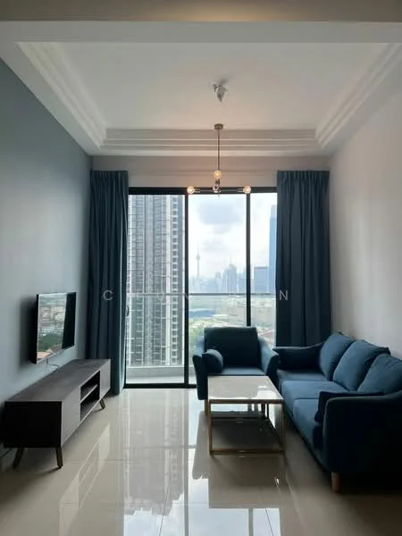 Living features: blue fabric sofa, coffee table with gold legs, wall-mounted TV, light fixture with multiple bulbs, floor-to-ceiling windows, grey accent wall, white ceiling with crown moulding, curtains in dark blue, polished tile flooring; style: modern; view: city.