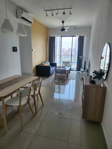 Living features: 3-seater fabric sofa in blue, coffee table, TV console, wall-mounted TV, floor-to-ceiling windows, curtains, ceiling fan, recessed downlights, decorative mirror, area rug, marble tile flooring, wooden accent wall, dining table with 4 chairs; style: modern; view: city.