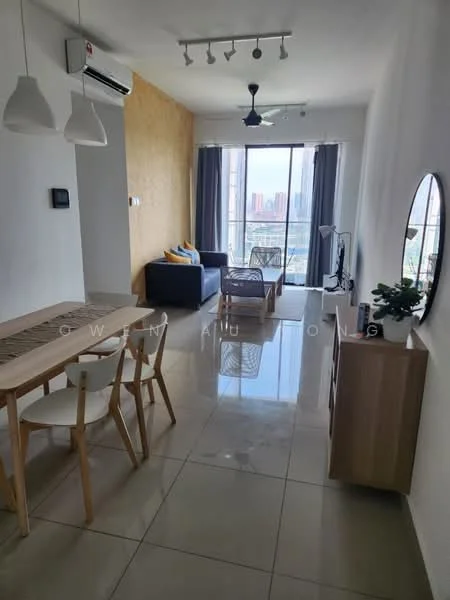 Living features: floor-to-ceiling windows, grey curtains, 3-seater fabric sofa in blue, wooden coffee table, TV console, wall-mounted TV, recessed downlights, ceiling fan, marble tile flooring, decorative mirror, area rug, wooden sideboard; style: modern; view: city. Dining features: 6-seater dining table, wooden dining chairs, pendant lighting, open shelving, decorative wall paneling; style: modern; view: city.